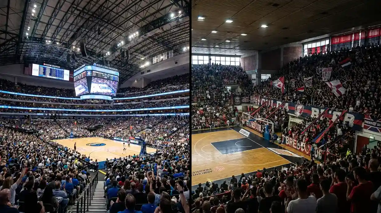 Две различни баскетболни арени символизират NBA и EuroLeague
