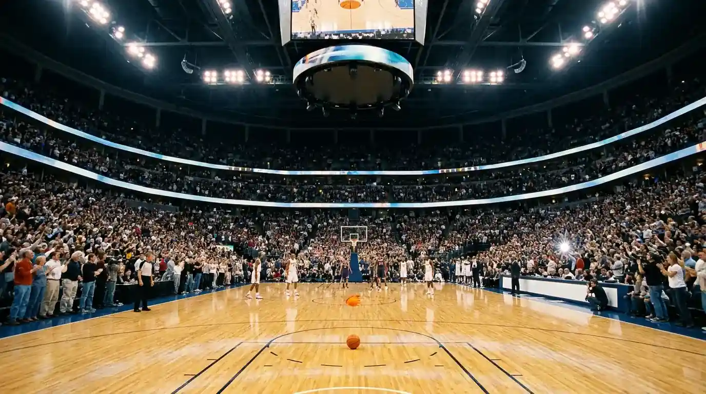 Голяма баскетболна арена в стил NBA, пълна с публика преди мач